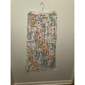 Cynthia Rowley Womens 100% Linen White Pants Pattern Wide Leg Euro Summer Large